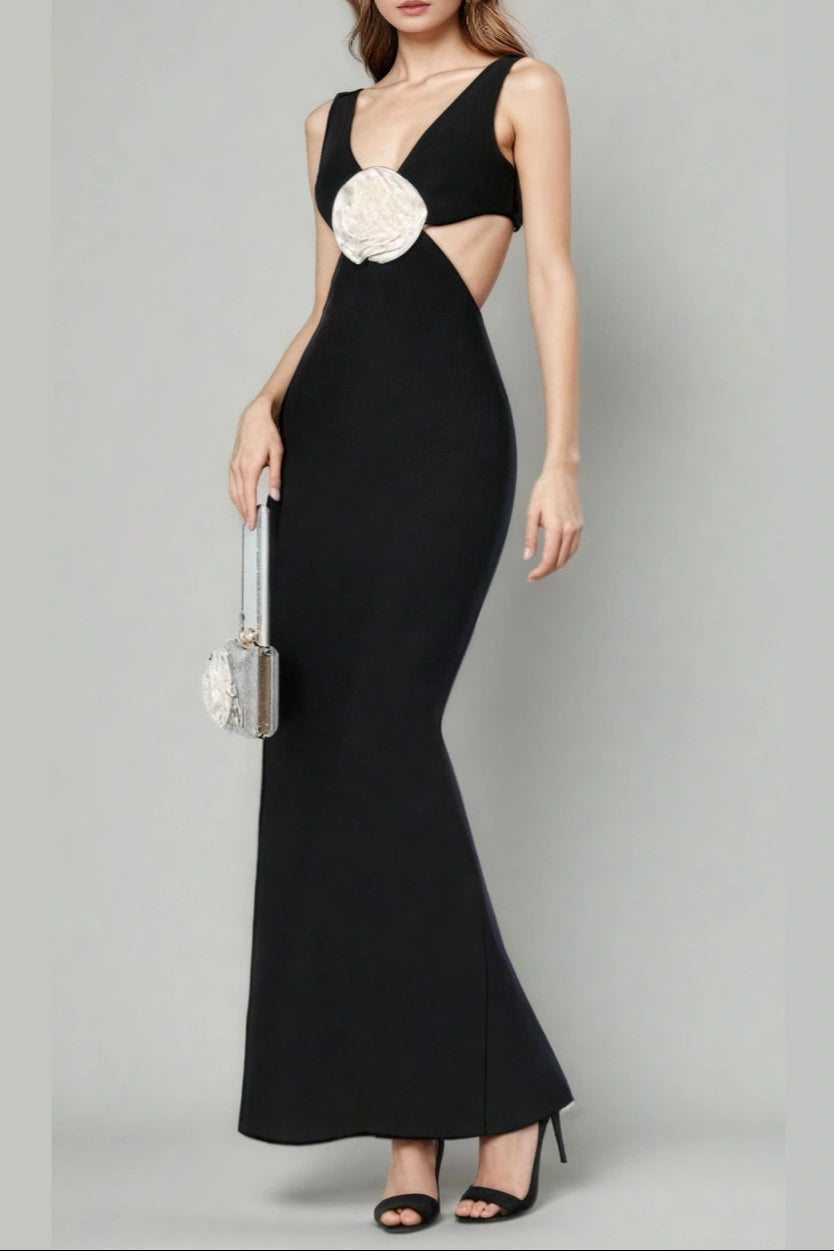 Flower V-Neck Hollow Out Maxi Dress in Black Avalabel