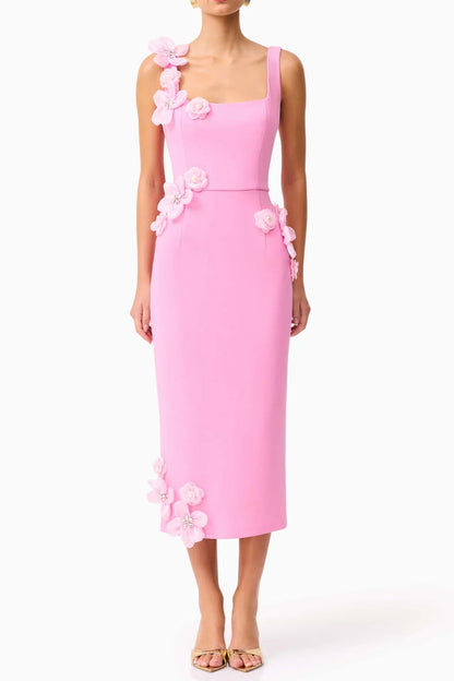 Sabrina 3D Flower Midi Dress in Pink