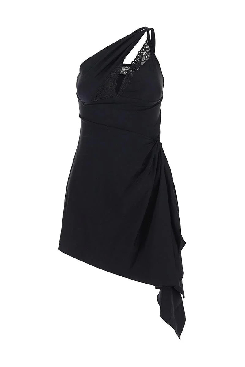 One-Shoulder Lace Hollow Mini Dress in Black Avalabel