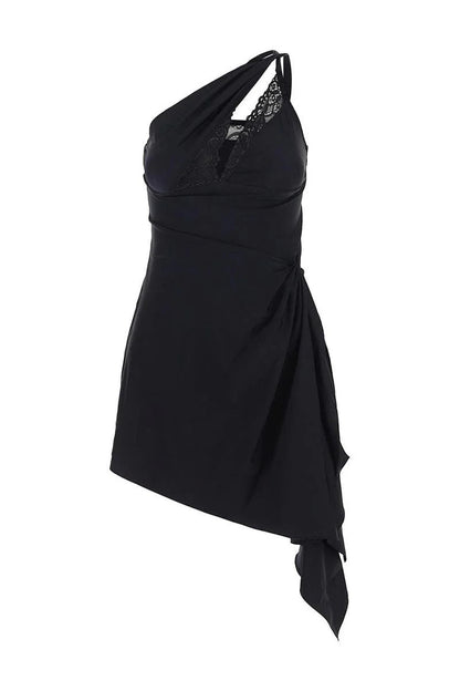 One-Shoulder Lace Hollow Mini Dress in Black