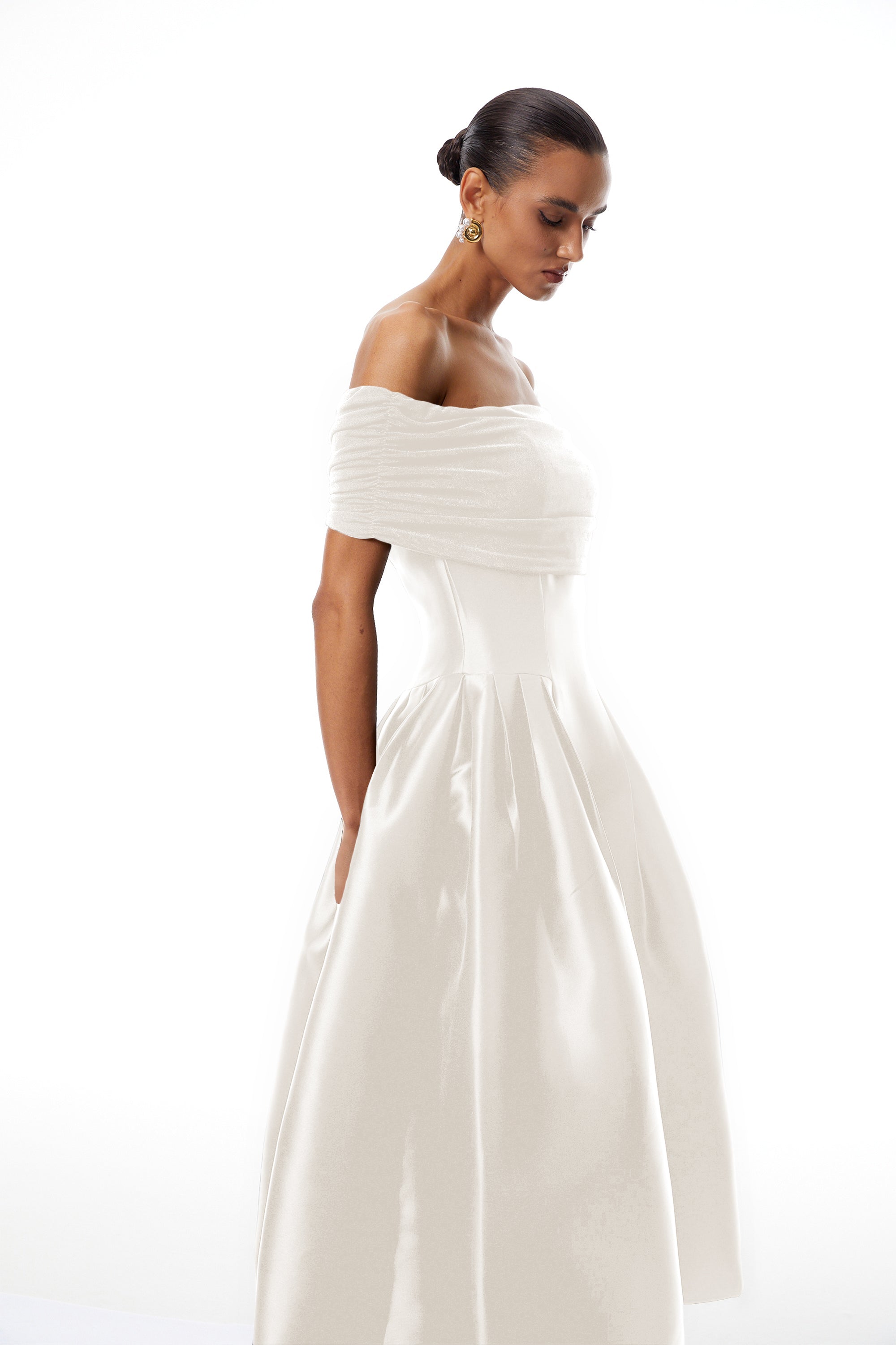 Ainara Off-the-Shoulder Satin White Midi Dress Avalabel
