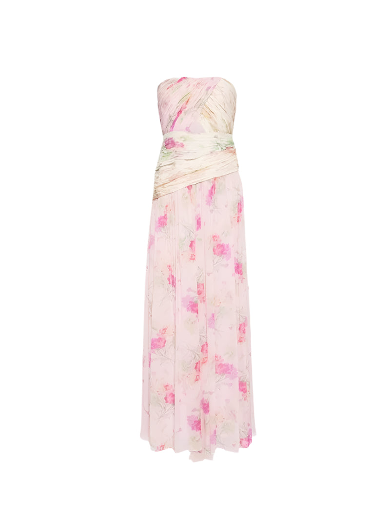 PINTIL STRAPLESS PLEATED FLORAL MAXI DRESS IN MULTI Avalabel