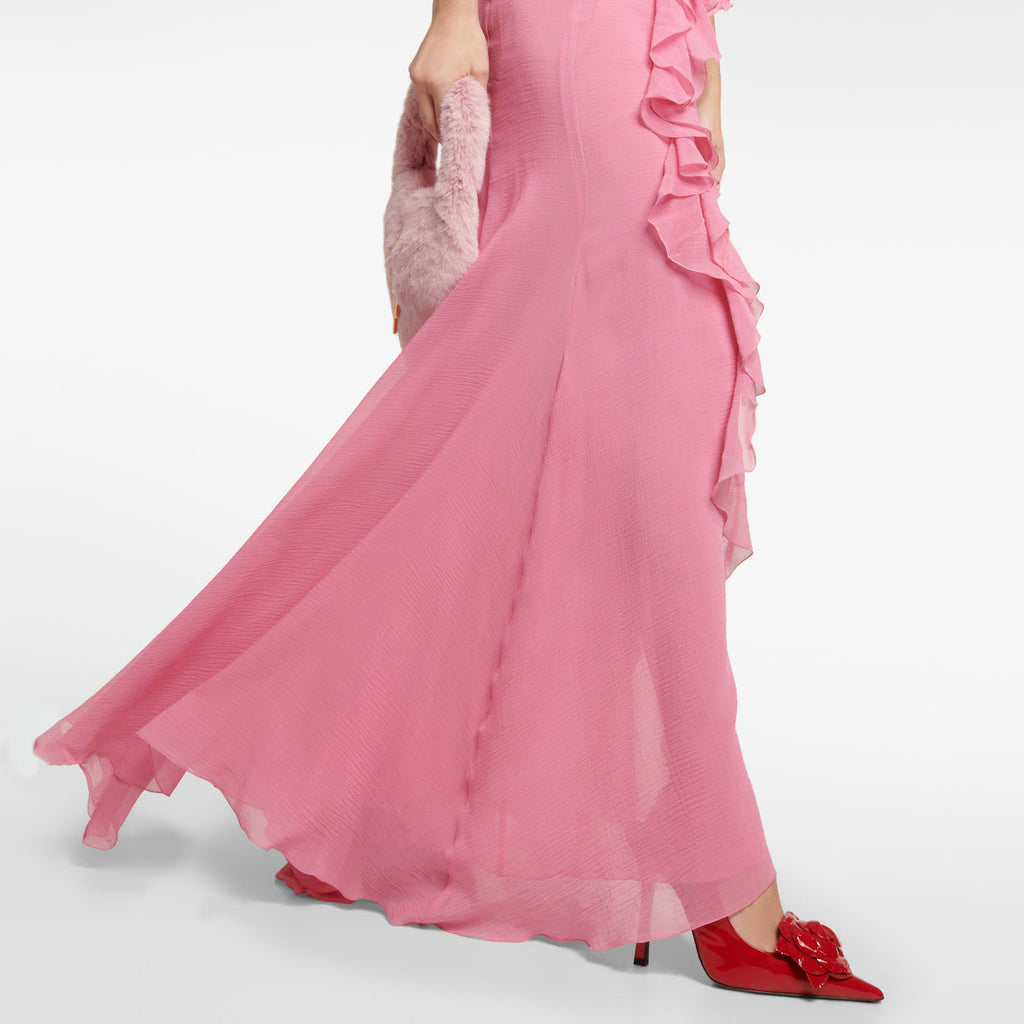 Pink Ruffle Cotton and Silk Maxi Dress Avalabel