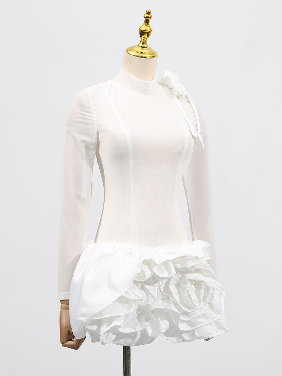 3d Flower Hem Mesh Mini Dress in White Avalabel
