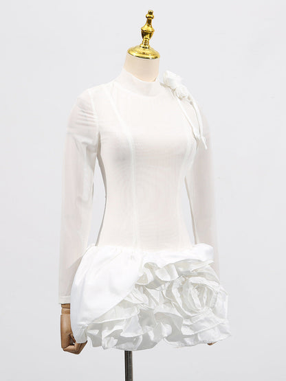 3d Flower Hem Mesh Mini Dress in White Avalabel