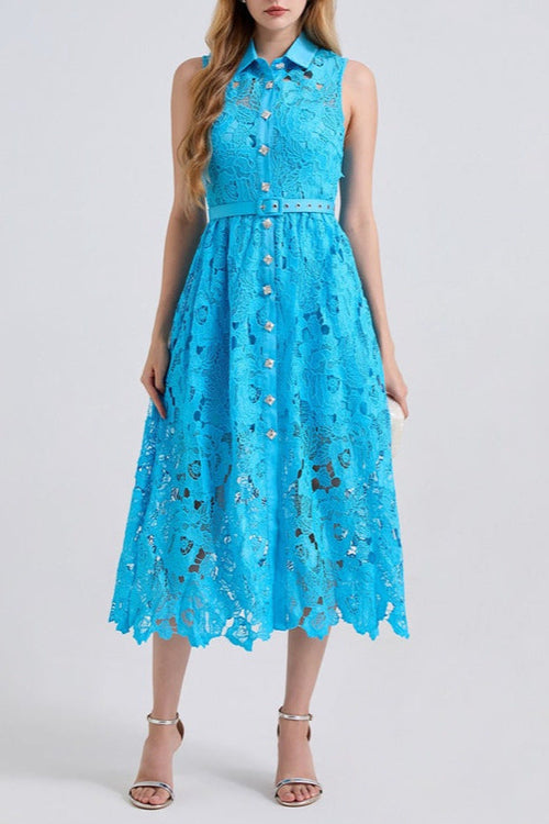 Collar Sleeveless High Waist Slim Dress In Blue Avalabel