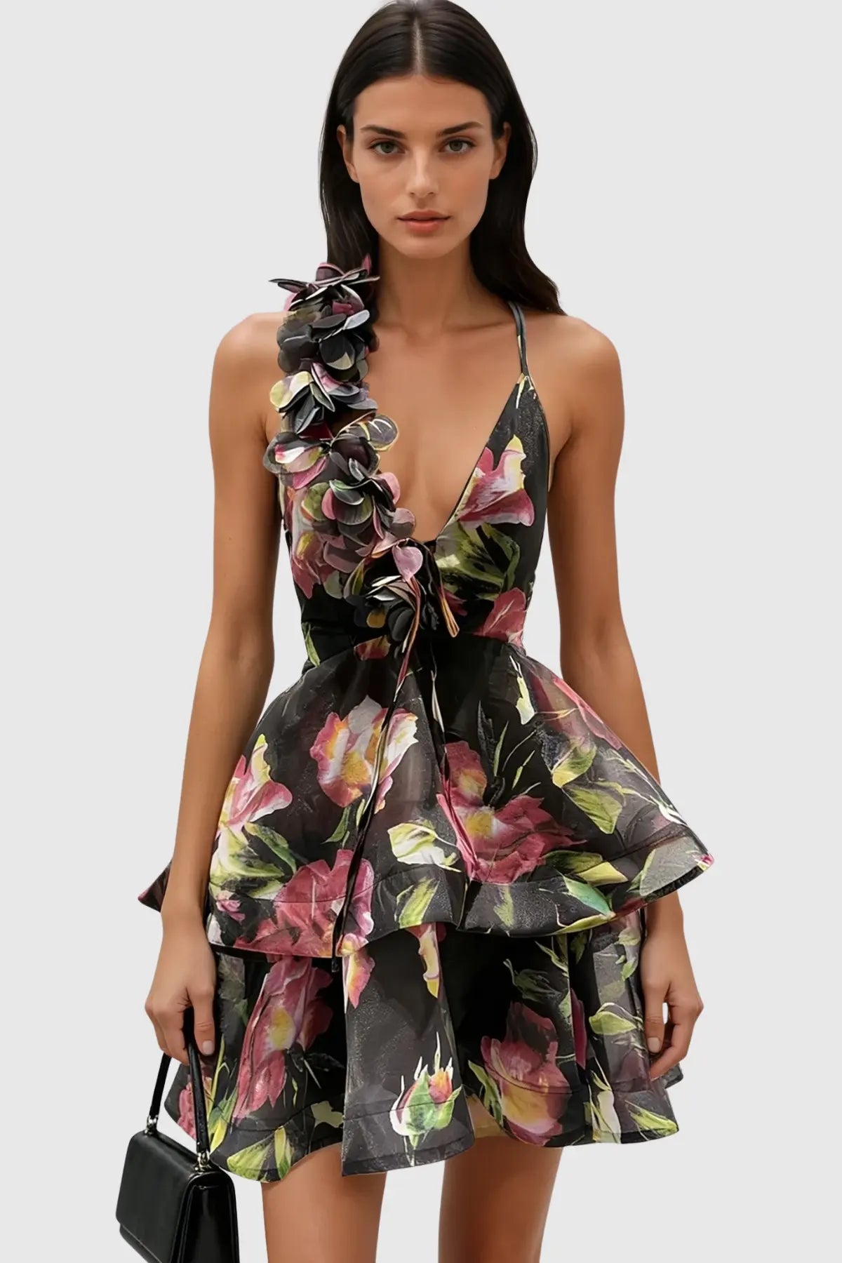 Pera Floral Appliqué Ruffle Mini Dress - Black Avalabel