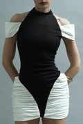 Black-White Panel Sleeveless Gathered Halter Mini Dress Avalabel