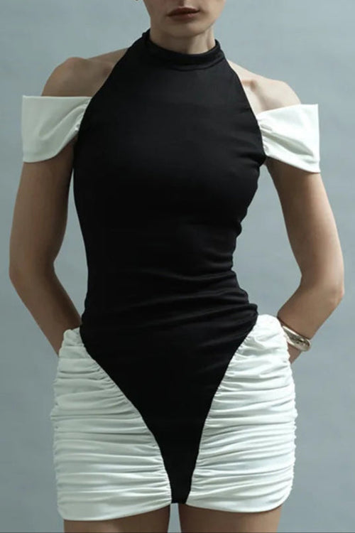 Black-White Panel Sleeveless Gathered Halter Mini Dress Avalabel