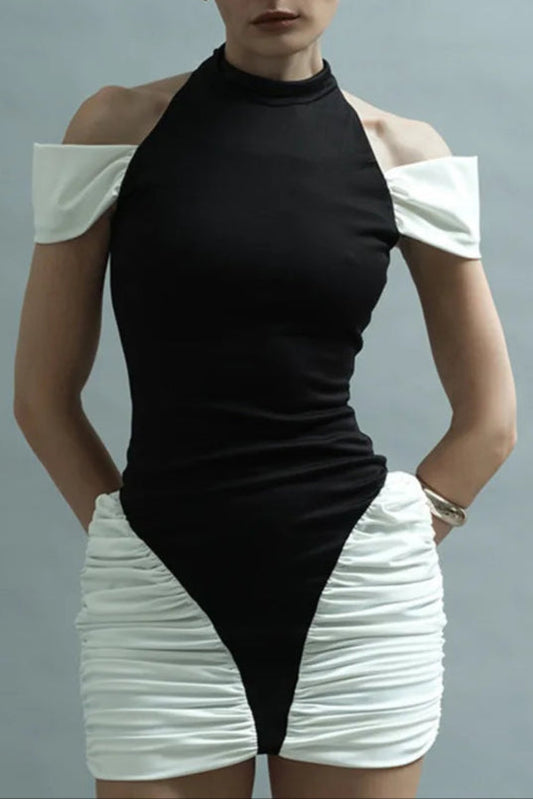 Black-White Panel Sleeveless Gathered Halter Mini Dress
