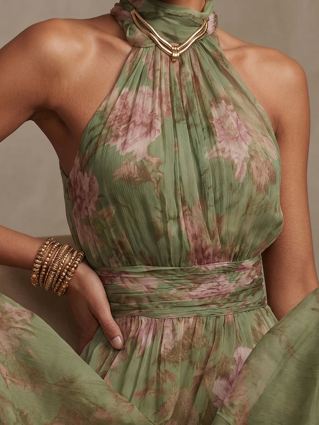 Polly Green Floral Chiffon Halter Maxi Dress Avalabel