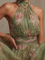 Polly Green Floral Chiffon Halter Maxi Dress Avalabel