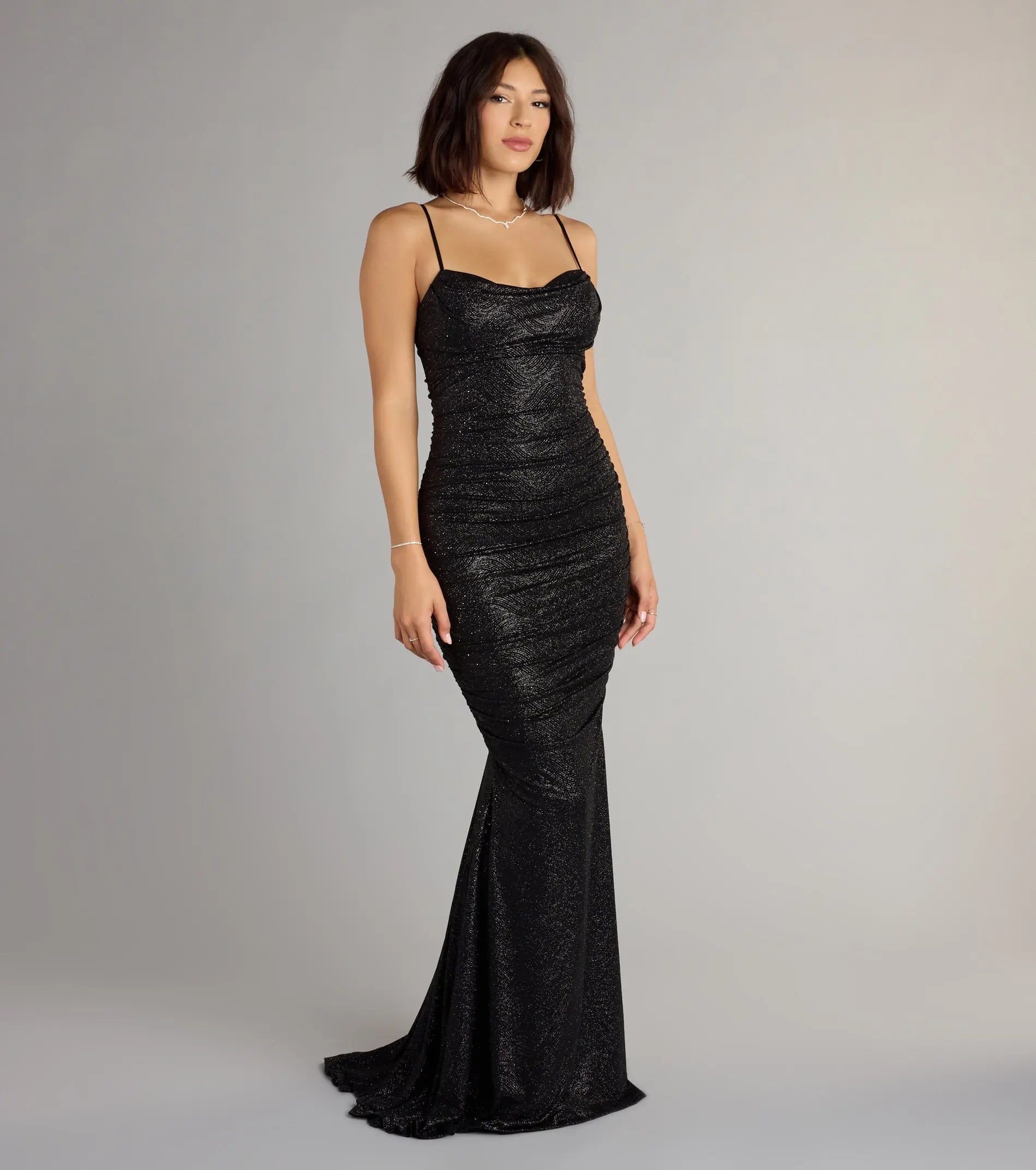 kristin Mermaid ruched sequin maxi Dress in black Avalabel