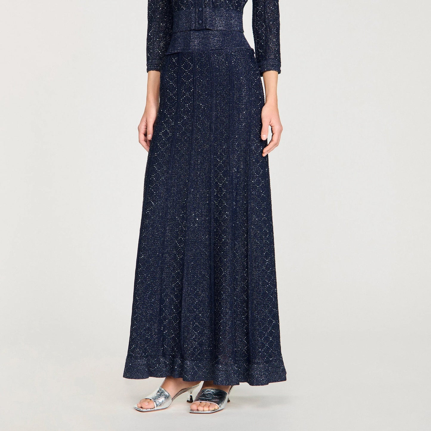 alexandra Rhinestone knit maxi skirt in navy blue