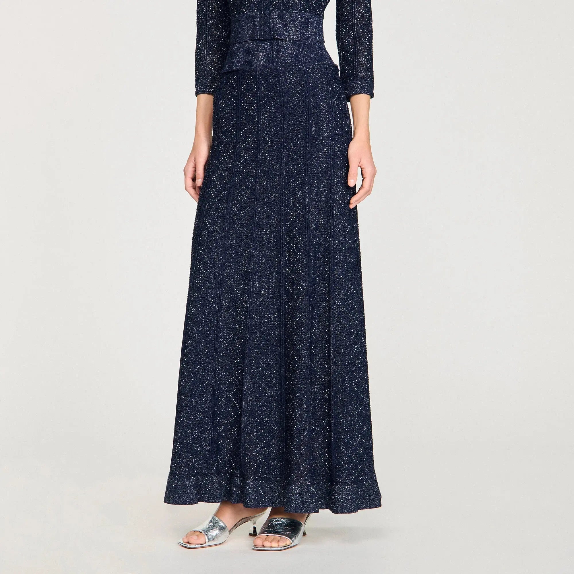 alexandra Rhinestone knit maxi skirt in navy blue Avalabel