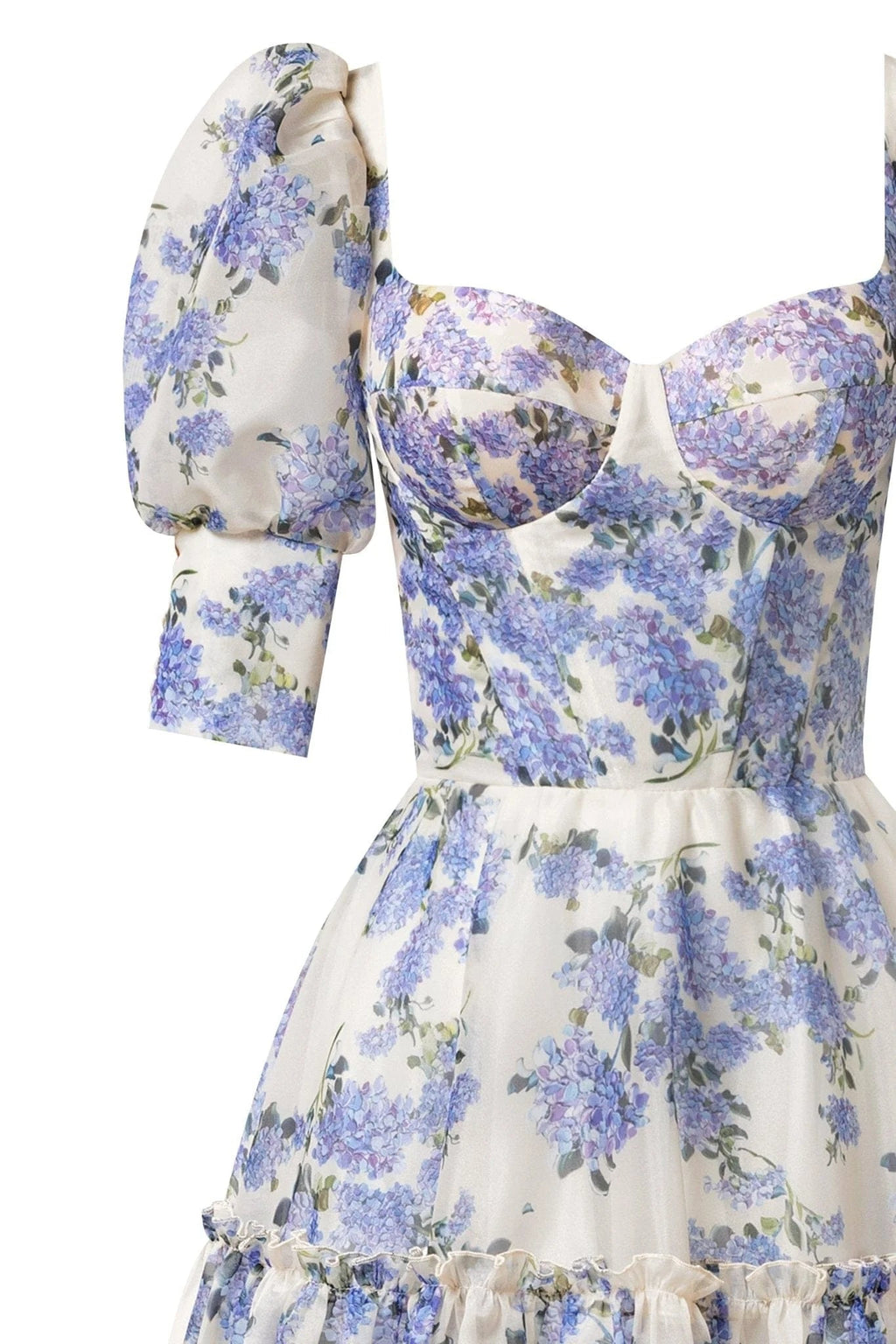 Hydrangea Print Voluminous Sleeves Maxi Dress in Blue Avalabel