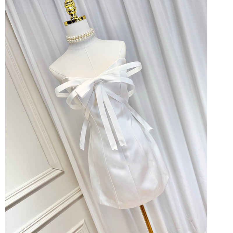 White Bow Embellished Strapless Mini Dress Avalabel