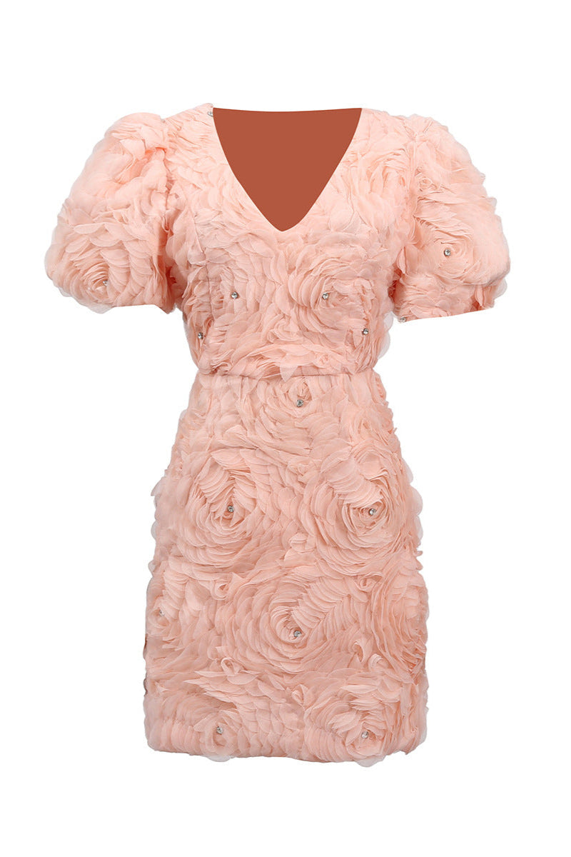 v-Neck Flower Embellished Puff Mini Dress in Ballet Pink Avalabel
