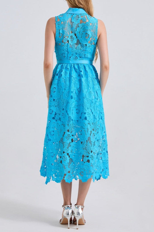 Collar Sleeveless High Waist Slim Dress In Blue Avalabel