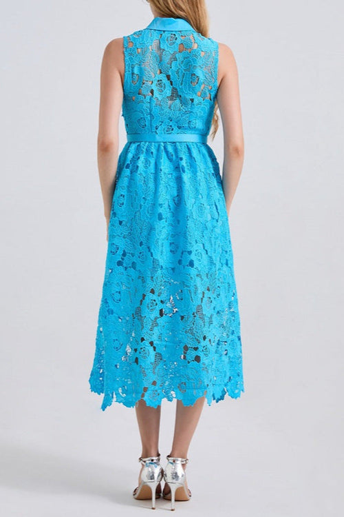 Collar Sleeveless High Waist Slim Dress In Blue Avalabel