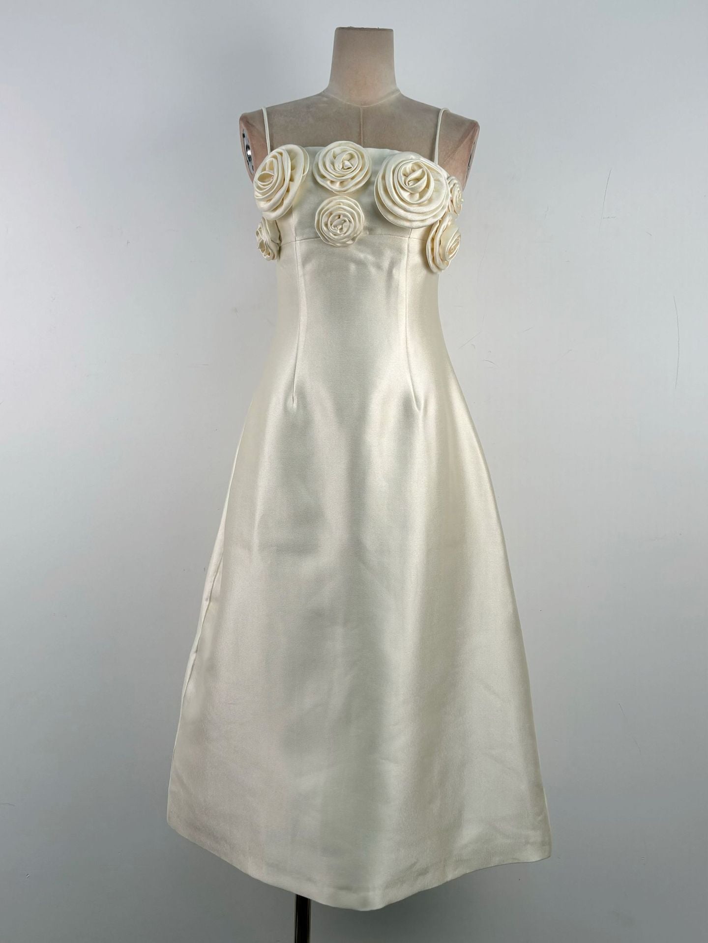 A-line Flower Applique Linen Rayon Midi Dress Avalabel