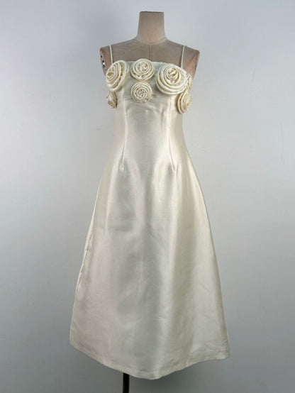 A-line Flower Applique Linen Rayon Midi Dress Avalabel