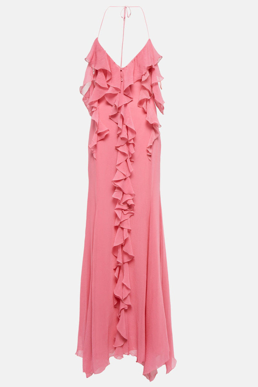 Pink Ruffle Cotton and Silk Maxi Dress Avalabel