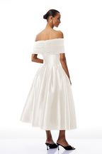 Ainara Off-the-Shoulder Satin White Midi Dress Avalabel