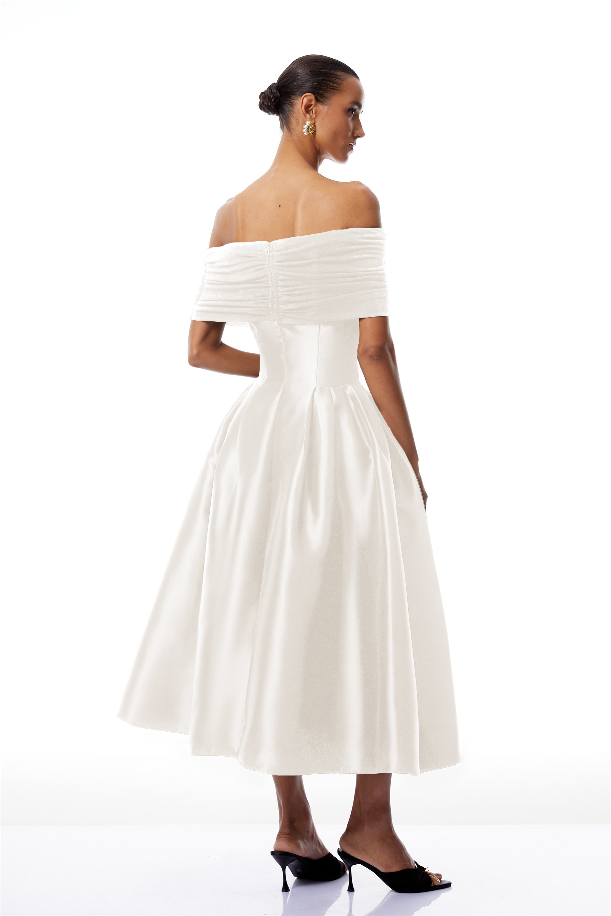 Ainara Off-the-Shoulder Satin White Midi Dress Avalabel