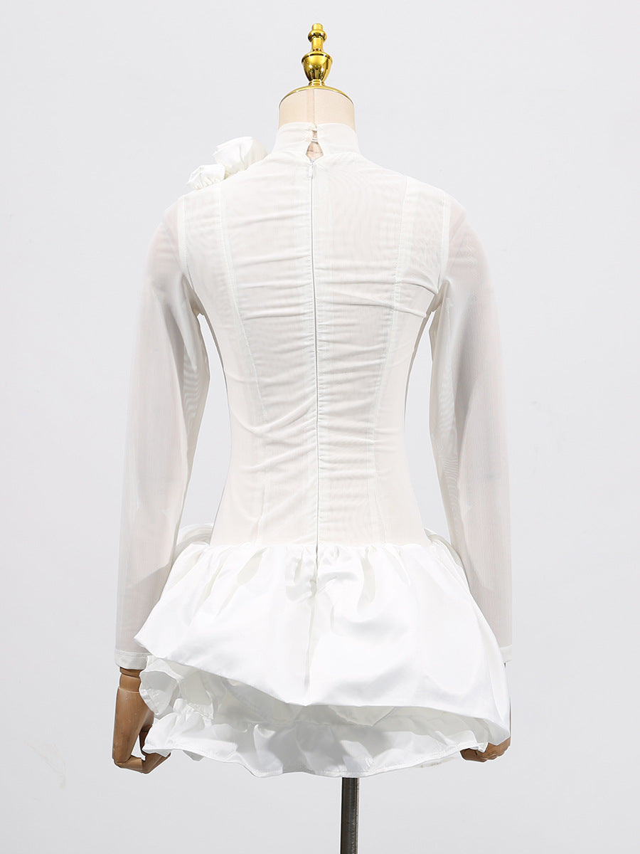 3d Flower Hem Mesh Mini Dress in White Avalabel