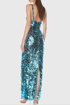 Carlin Sequin Deep V Strapless Maxi Dress in Blue Avalabel