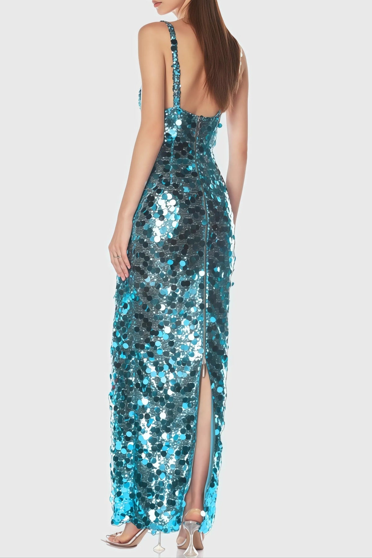 Carlin Sequin Deep V Strapless Maxi Dress in Blue Avalabel