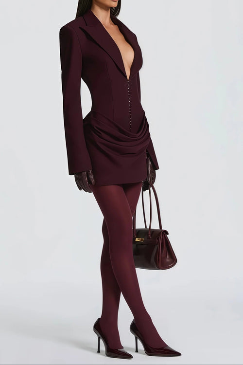 amelia v-neck ruched Blazer Mini Dress in Wine Red Avalabel