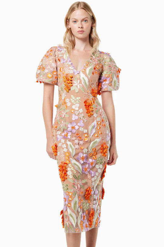 Mesh Embroidered 3D Flower V-neck Puff Sleeves Midi Dress in Orange Avalabel