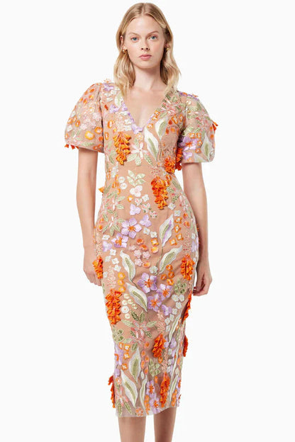 Mesh Embroidered 3D Flower V-neck Puff Sleeves Midi Dress in Orange