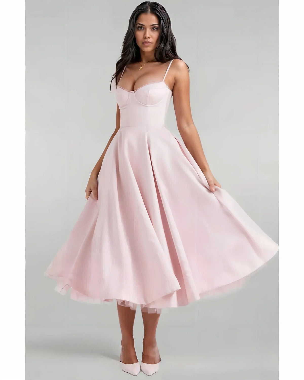 Satin Corset Tulle Layered A-Line Midi Dress - Baby Pink Avalabel