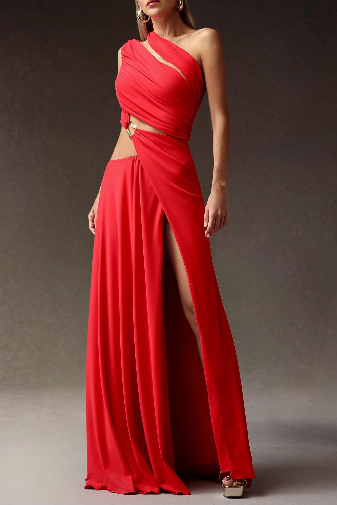 atalanta High Slit Hollowed-out Maxi Dress in red Avalabel