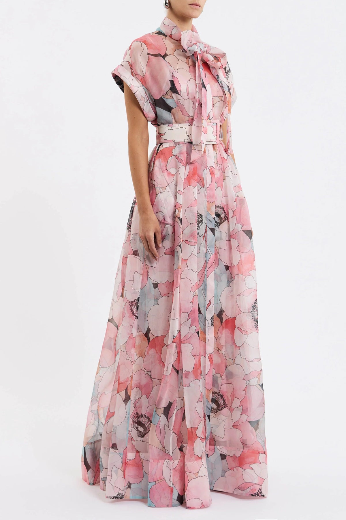 Floral Print Silk Organza Maxi Dress in Pink-Multi Avalabel
