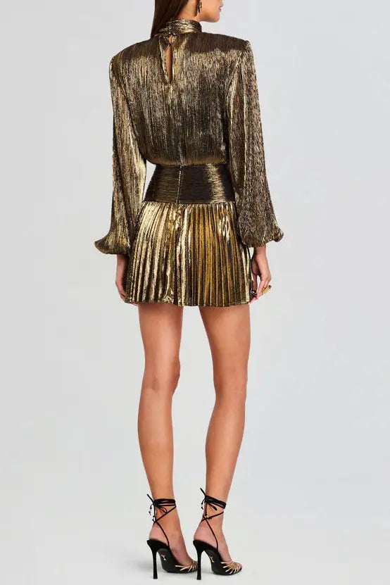 nancy High-necked lantern sleeve pleated mini dress in gold Avalabel