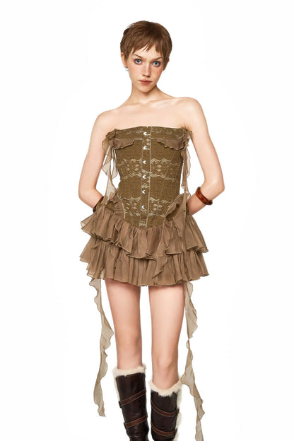 Althea Ruffle Trim Fish Bones Mini Dress in Brown