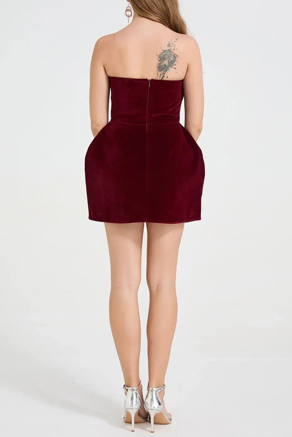 evangeline Strapless Heart Velvet Mini Dress in burgundy Avalabel