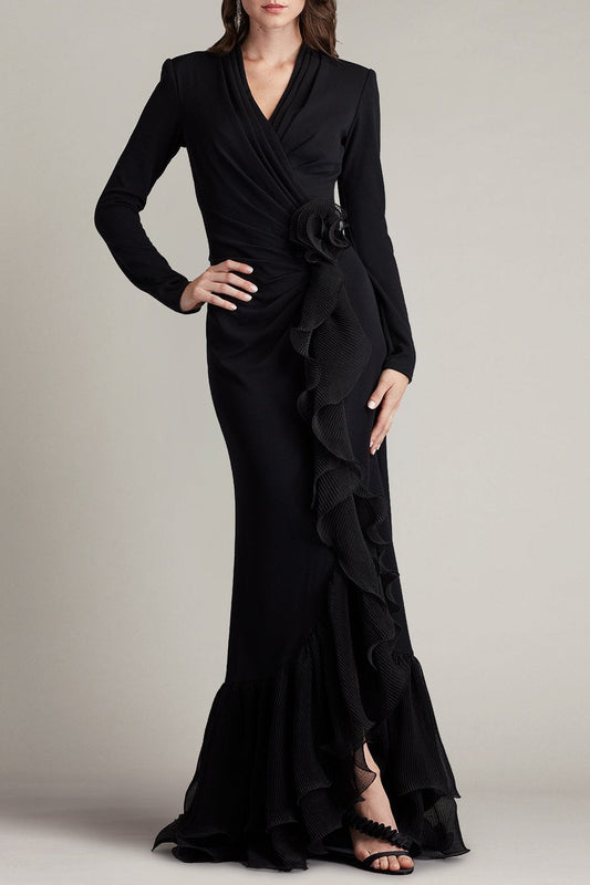 Joyce Black Ruffled Gathered High Slit Knit Midi Dress