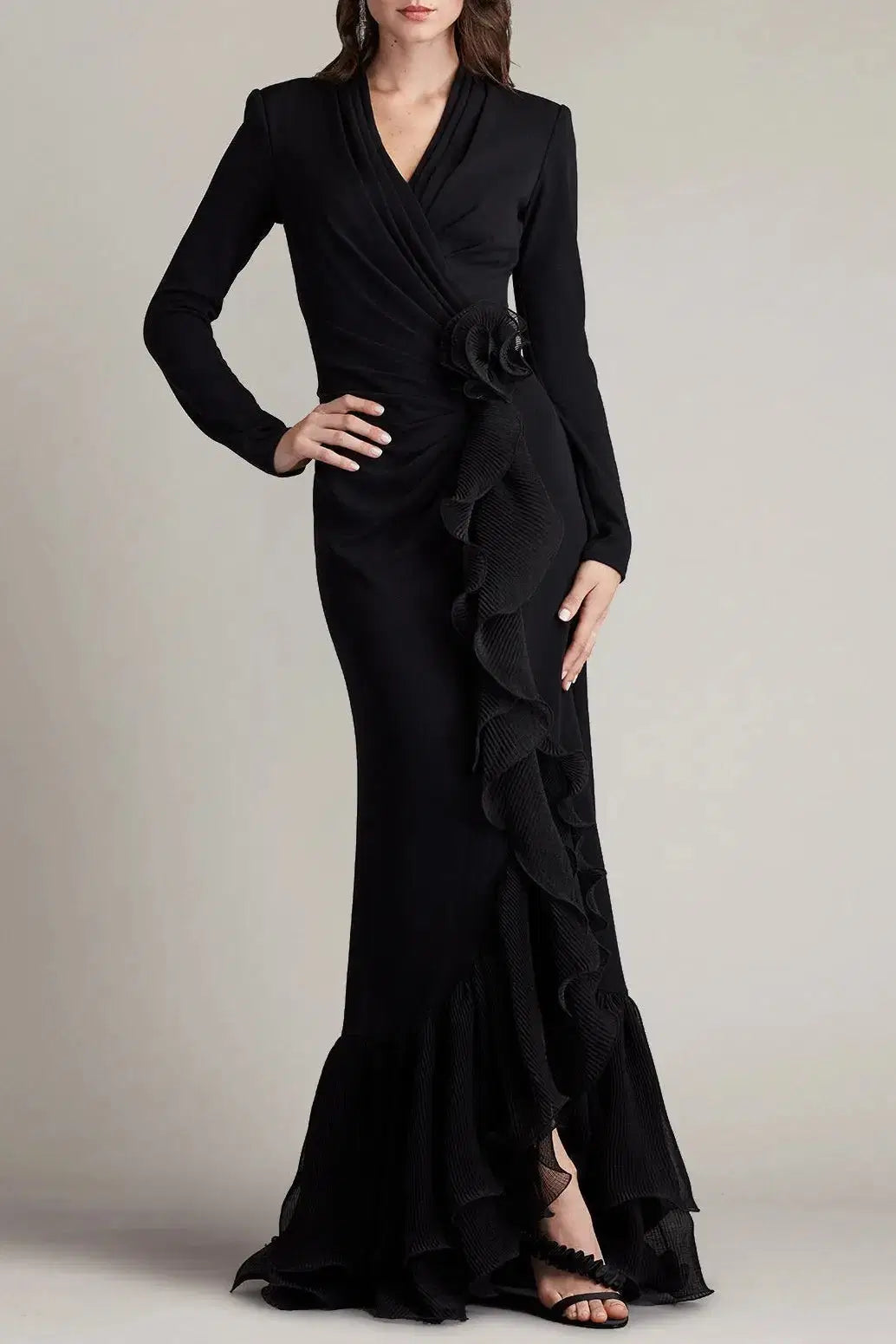 Joyce Black Ruffled Gathered High Slit Knit Midi Dress Avalabel