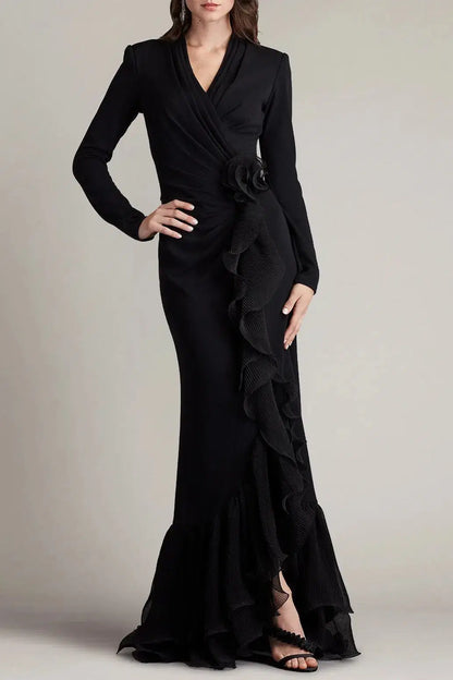 Joyce Black Ruffled Gathered High Slit Knit Midi Dress Avalabel