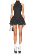 Polka Silk Chiffon Sleeveless Halter Mini Dress in Black Avalabel