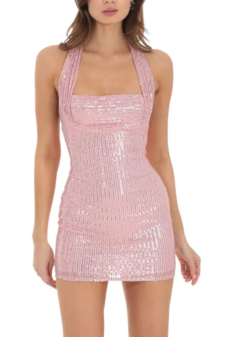 virginia Sequin Halter backless mini Dress in Pink Avalabel