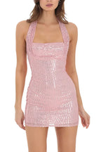 virginia Sequin Halter backless mini Dress in Pink Avalabel