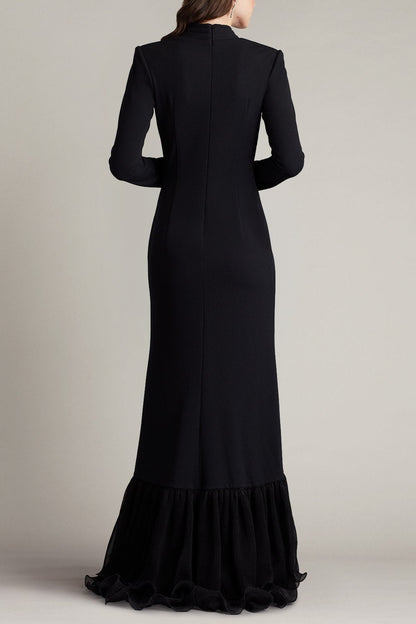 Joyce Black Ruffled Gathered High Slit Knit Midi Dress