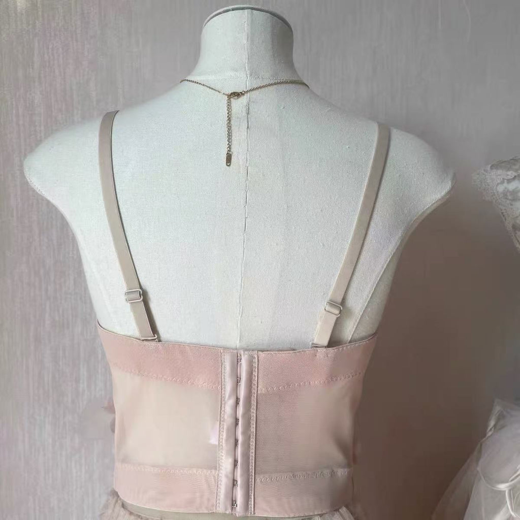 Blush Spaghetti Strap 3D Floral Corset Top & High Low Tiered Tulle Skirt Set Avalabel