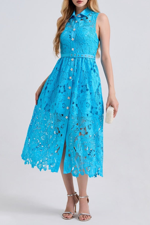 Collar Sleeveless High Waist Slim Dress In Blue Avalabel